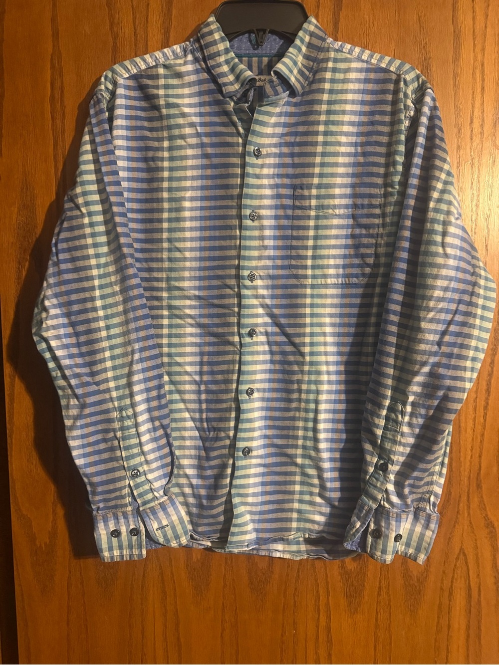 Men's Blue and White Plaid Button-Up Shirt